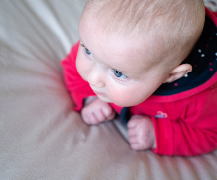 Petit bébé se tient sur le ventre