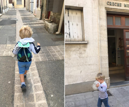 petit graçon court vers l'école et devant la crèche