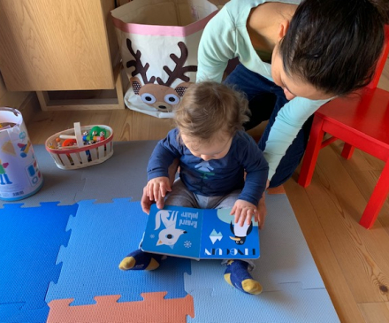 bébé regarde imagier avec adulte